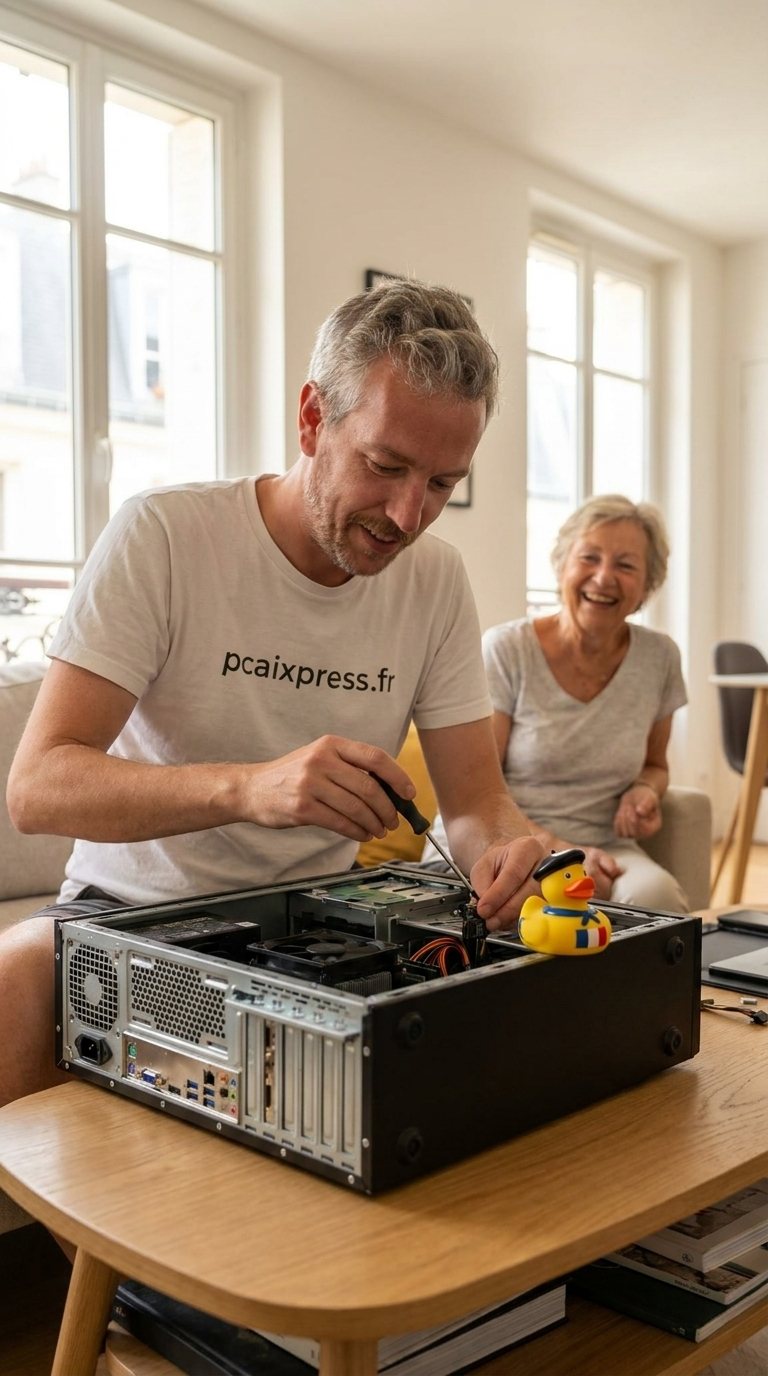 Greg, fondateur de PC AIXPRESS, en intervention à domicile chez une cliente à Aix-en-Provence