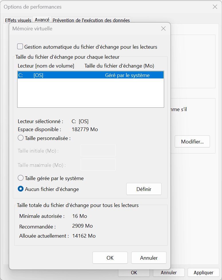 désactiver la mémoire virtuelle windows