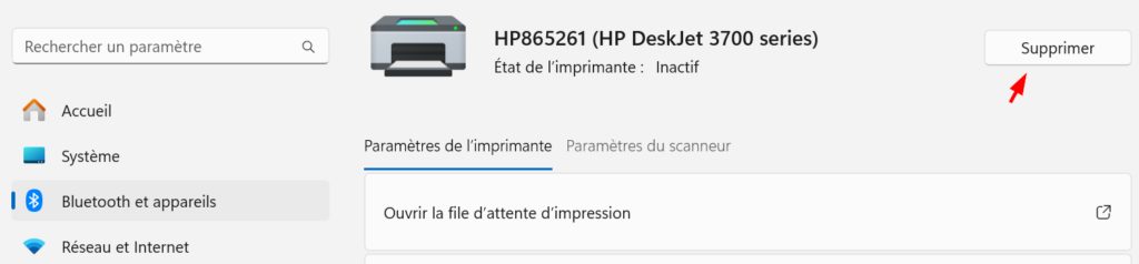 supprimer une imprimante depuis le tableau de bord de Windows 11