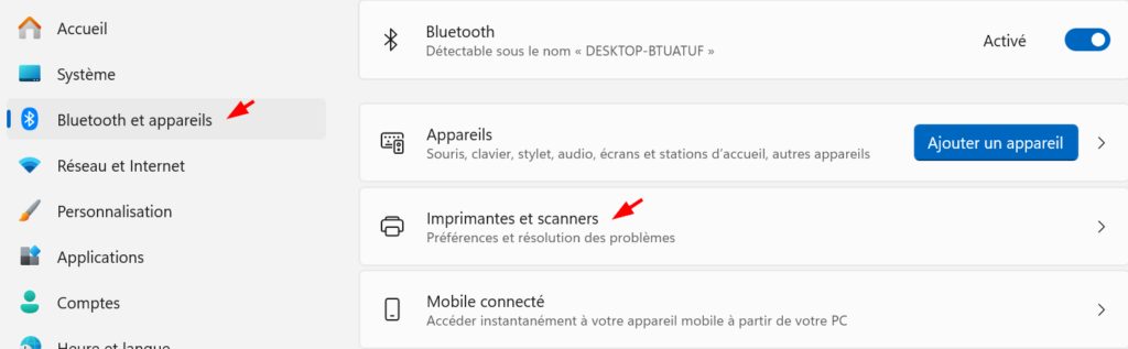 tableau de bord de windows avec le lien vers le menu imprimantes & scanners
