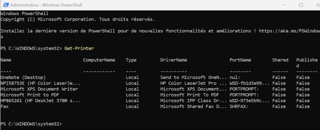 écran powershell affichant la liste des imprimantes installées