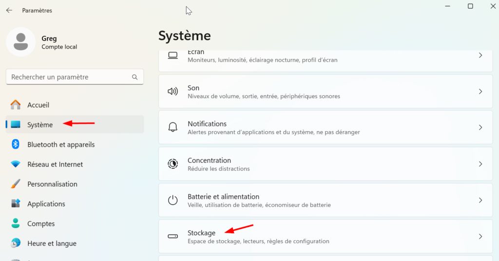 paramètres système Windows 11