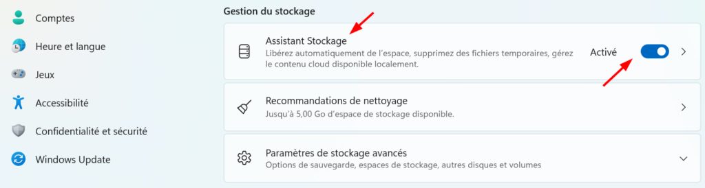 assistant stockage windows 11