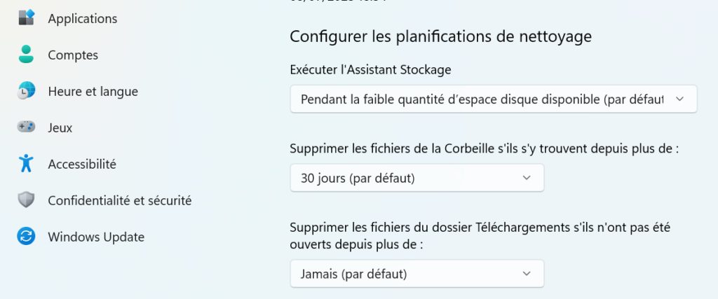 paramètres de l'assistant stockage de windows 11