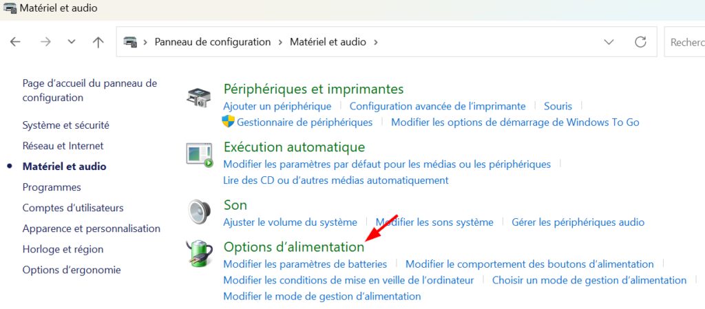 menu matériel et audio windows 11