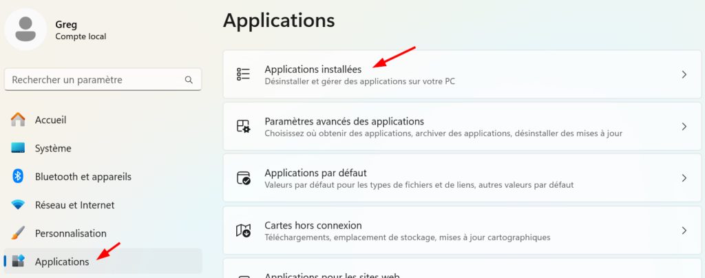 menu applications dans les paramètres windows 11