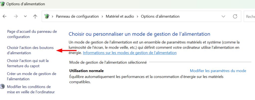 écran option d'alimentation windows 11