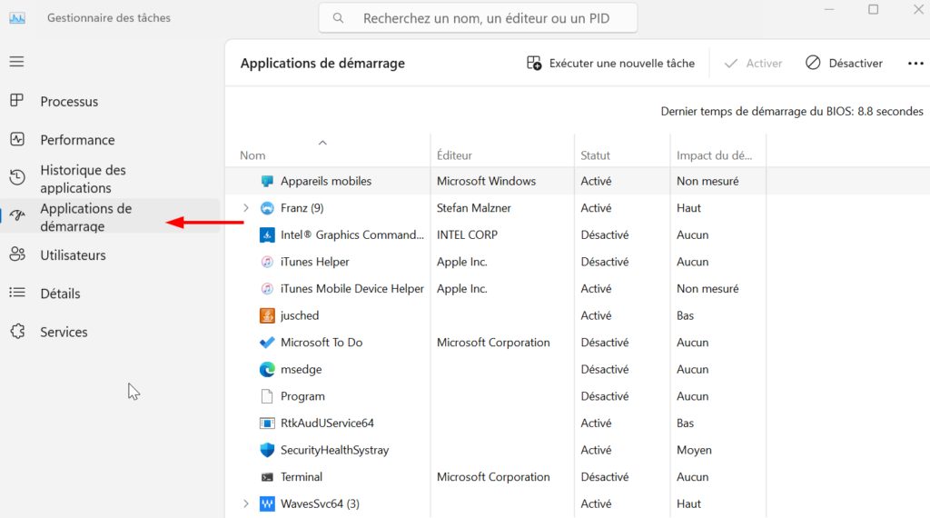 Applications de démarrage Windows 11