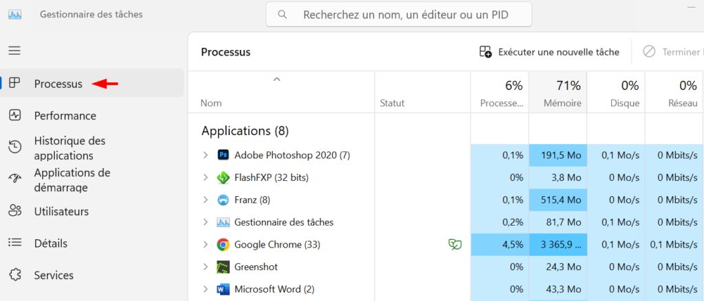 Menu Processus du gestionnaire de tâches Windows