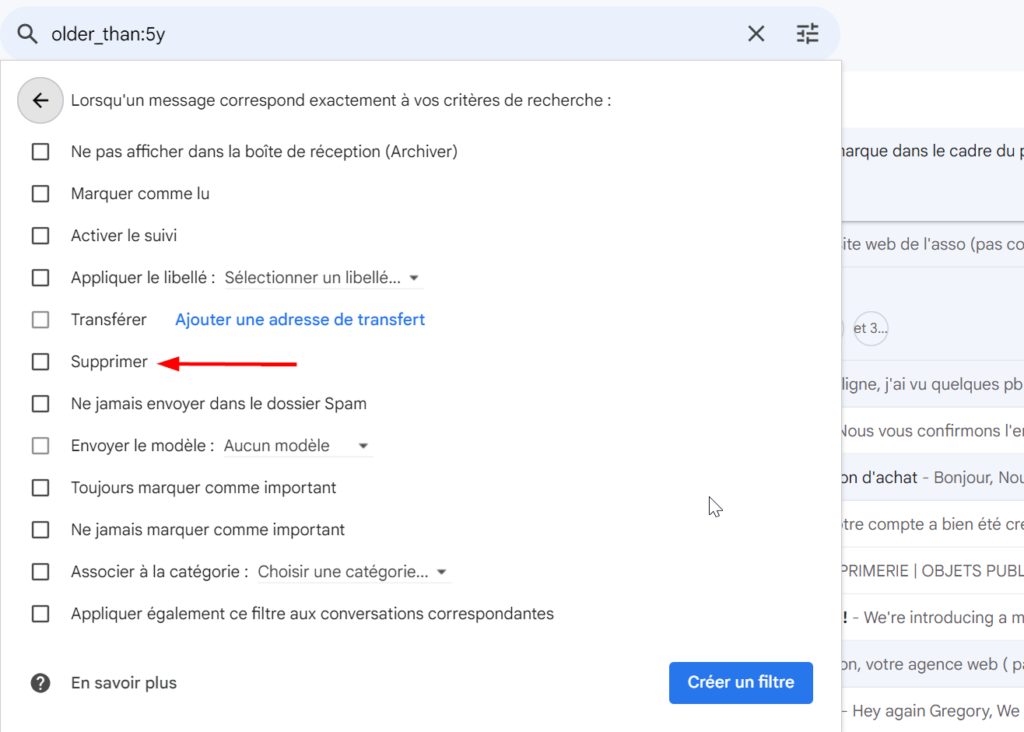 les options possibiles à effectuer sur des filtres gmail