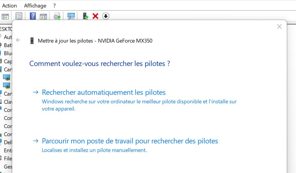rechercher les pilotes de carte graphique pour NVIDIA GeForce MX350