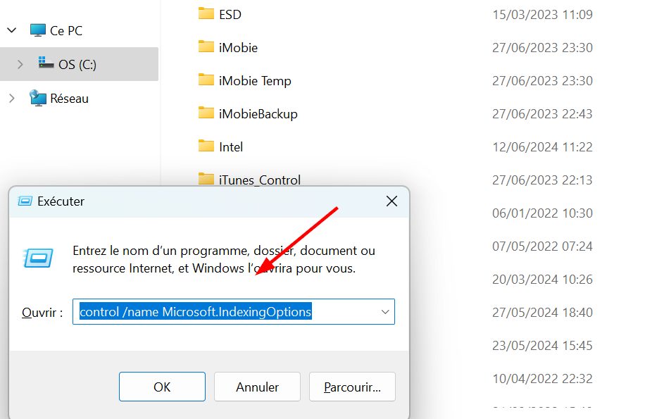 reconstruire la recherche windows avec la commande : control /name Microsoft.IndexingOptions
