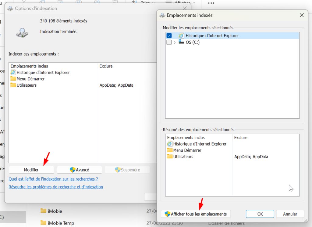 Options d'indexation & Emplacements indexés Windows 11