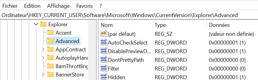 regedit (registre windows) du processus XAML