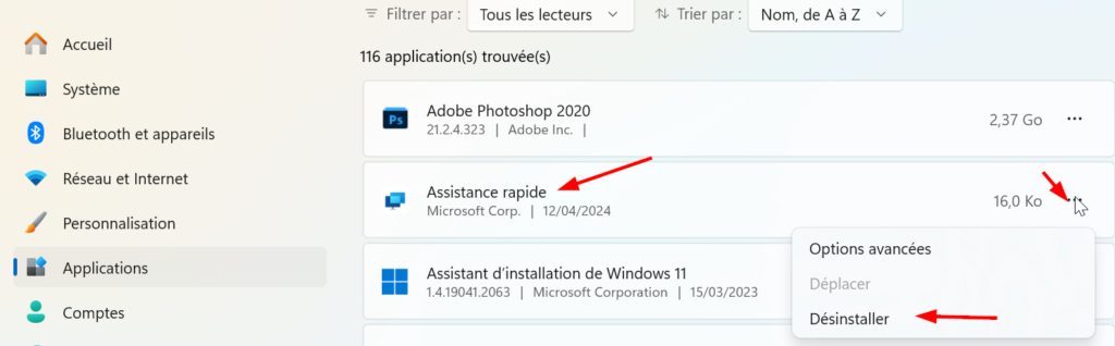 désinstaller une application windows 11