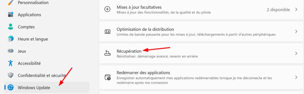 option de réinitialisation de windows 11 dans les paramètres
