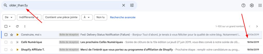 une boite gmail affichant tous les e-mails qui ont plus de 5 ans.