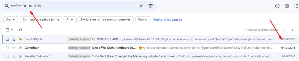 une boite gmail affichant tous les mails reçus avant le 05 janvier 2018