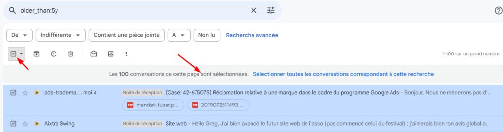une boite gmail affichant une sélection plus grandes que les 100 conversations affichées