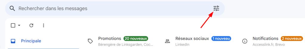 la barre de recherche gmail et son filtre pour filtrer les recherches