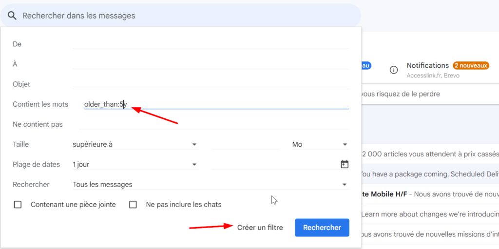 les différents paramètres de filtrages proposés par gmail pour filtrer sa boite gmail