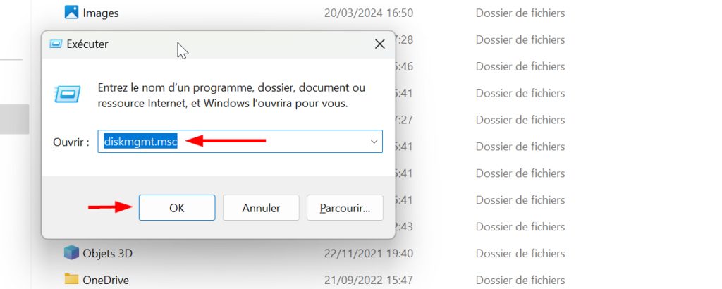 saisir diskmgmt.msc dans la fenêtre exécuter pour ouvrir le gestionnaire de disque