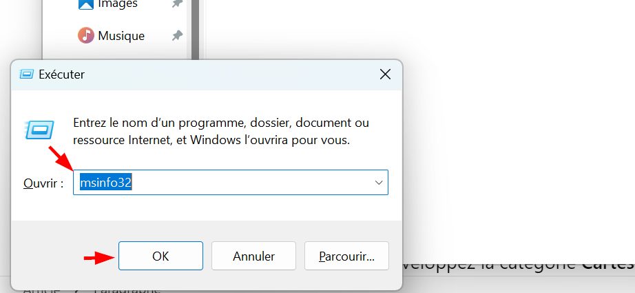 fenêtre exécuter avec la commande msinfo32