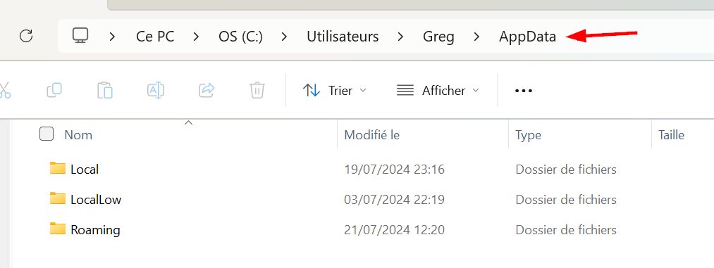 contenu du répertoire AppData sous Windows