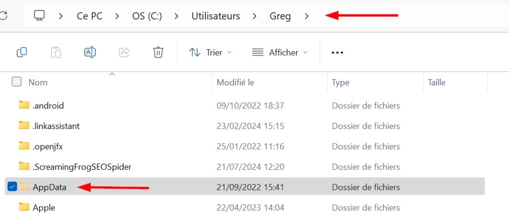 comment trouver le dossier AppData