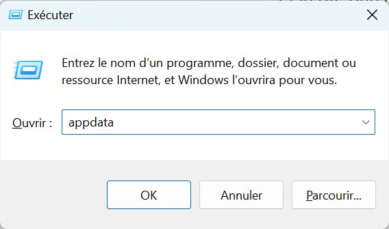 utiliser exécuter pour ouvrir AppData