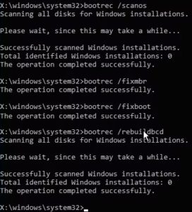 exécution des commandes bootrec pour réparer le démarrage windows 10