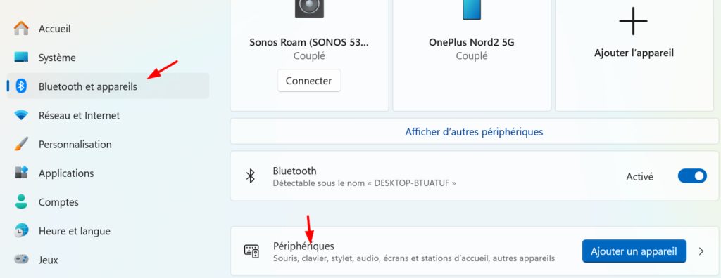 le panneau de configuration windows affichant la section bluetooth et appareils.