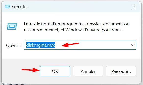Fenêtre Exécuter avec la commande diskmgmt.msc saisie