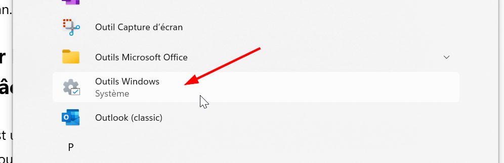 outils windows dans le menu démarrer windows 11