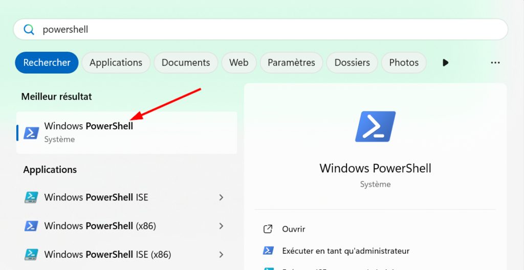 recherche de powershell dans le menu windows 11
