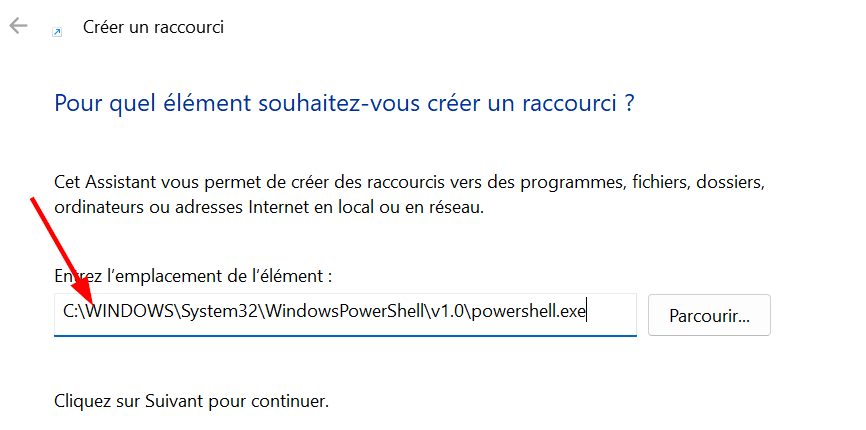 menu de création d'un raccourci sur le bureau pour exécuter powershell en administrateur