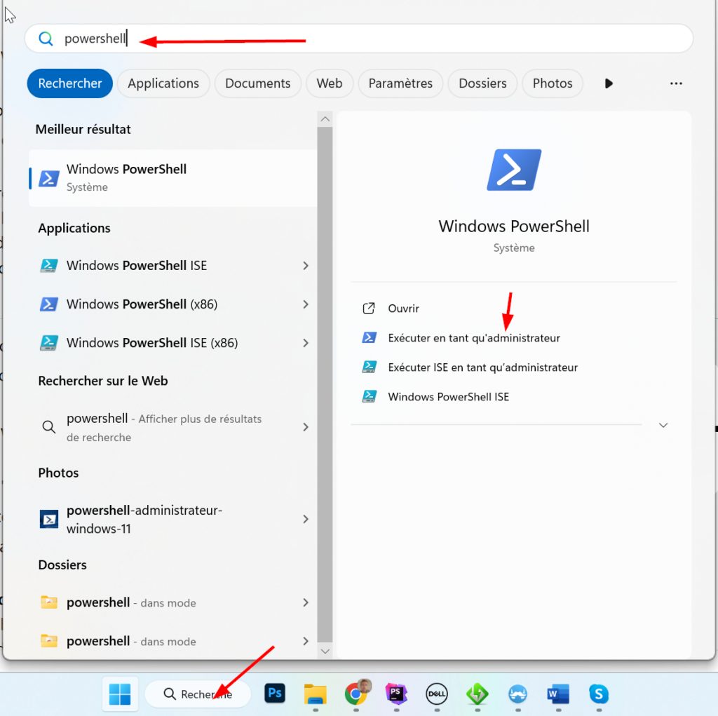 outil de recherche windows 11 pour trouver et exécuter powershell en mode administrateur