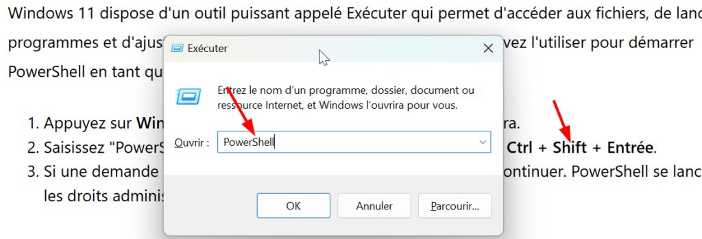 ouvrir powershell via l'interface exécuter de windows 11