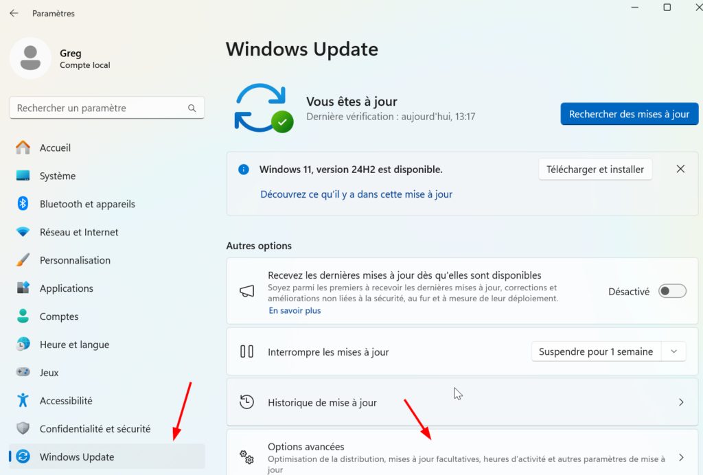 menu options avancées de windows update sous windows 11
