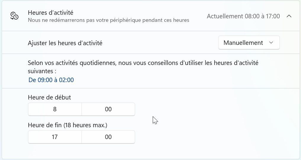 définir des heures d'activités pour windows update