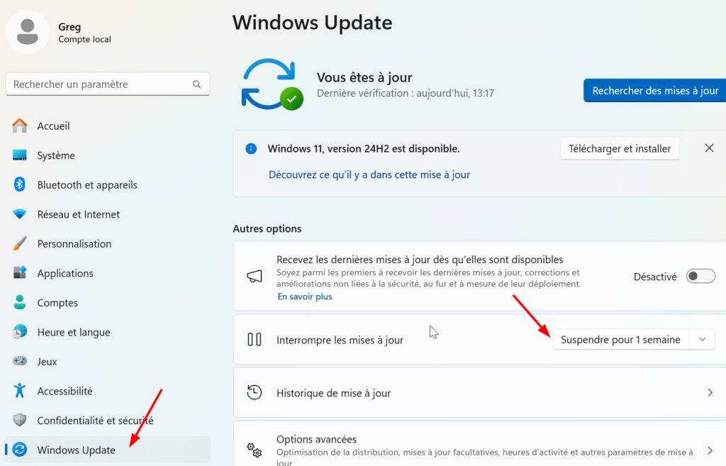 menu windows update pour suspendre les mises à jour de windows 11