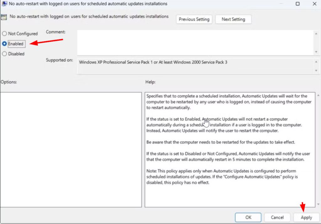 modification de la stratégie de groupe pour désactiver l'autorestart des mises à jour Windows