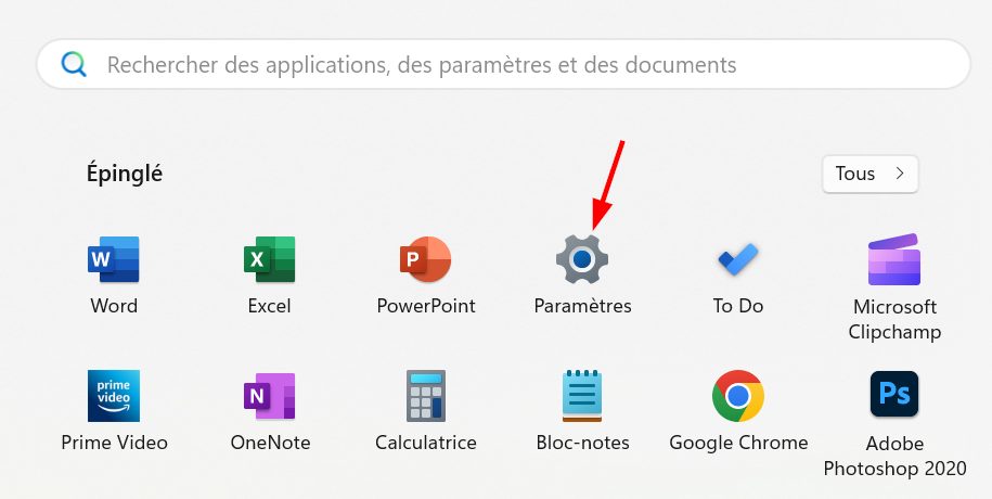 option paramètres dans le menu démarrer windows 11