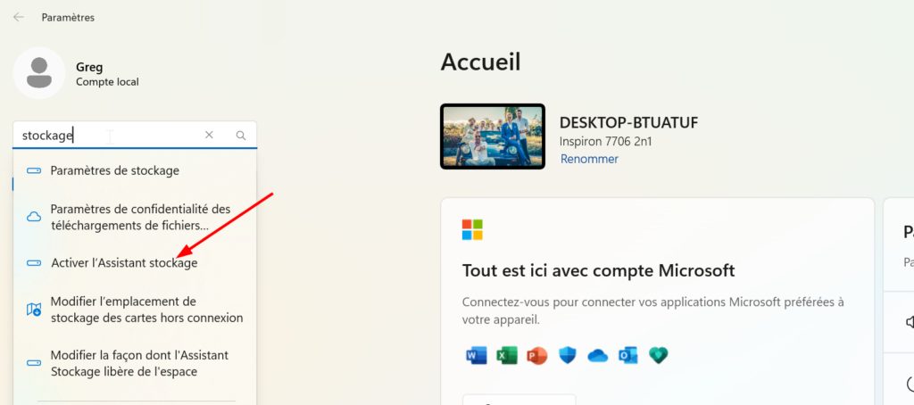 recherche de l'option activer l'assistant sockage dans les paramètres windows 11