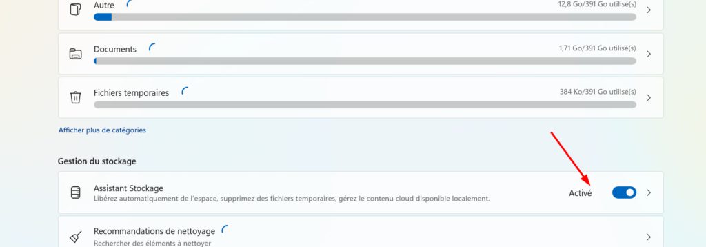 activation de l'assistant stockage automatique sous windows 11