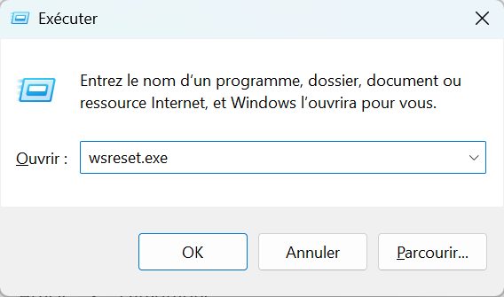 ouvrir wsreset.exe dans windows 11