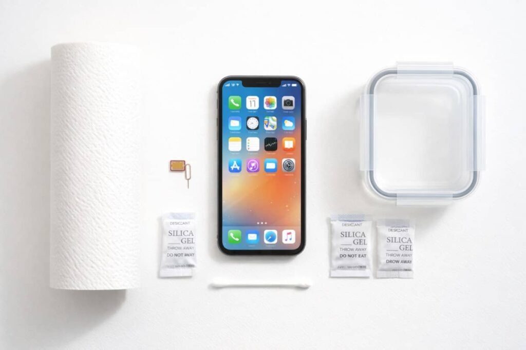 un smartphone et des accessoires pour nettoyer un iphone mouillé