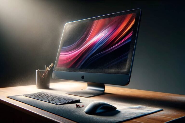 un iMac et une souris pleins de poussière sur un bureau