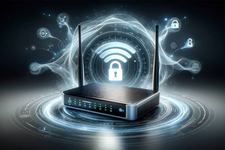 un routeur wifi avec 2 antennes et un cadenas qui montre la sécurité.