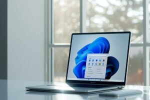 un ordinateur windows 11 sur un canapé